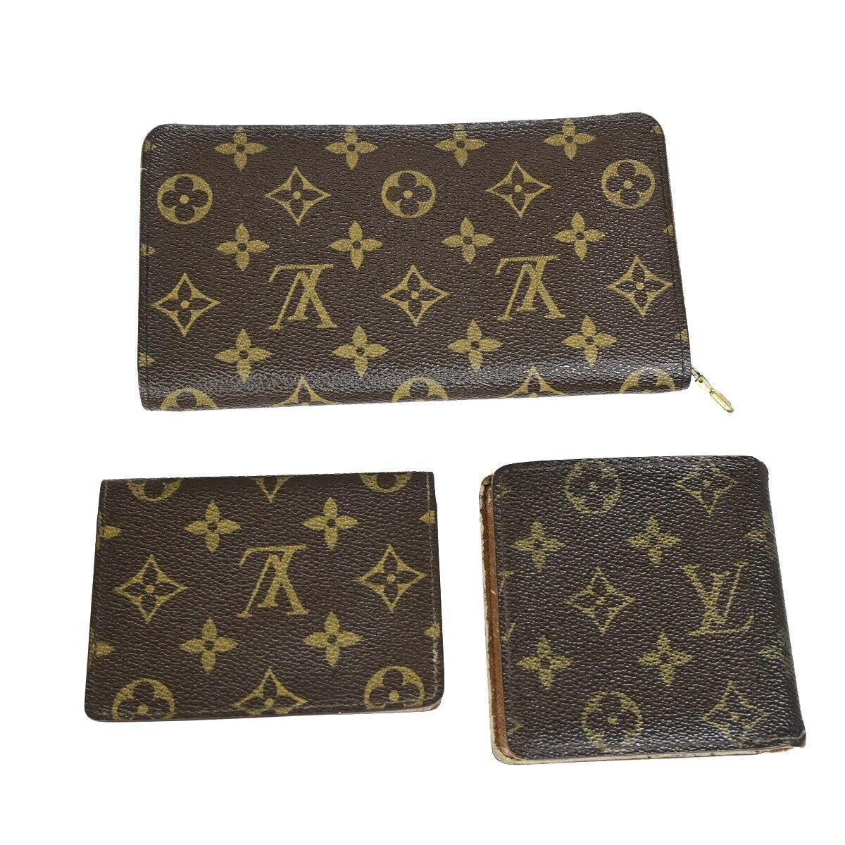 LOUIS VUITTON 3 Set Long Wallet Card Pass Case Monogram Leather Brown 69EB572