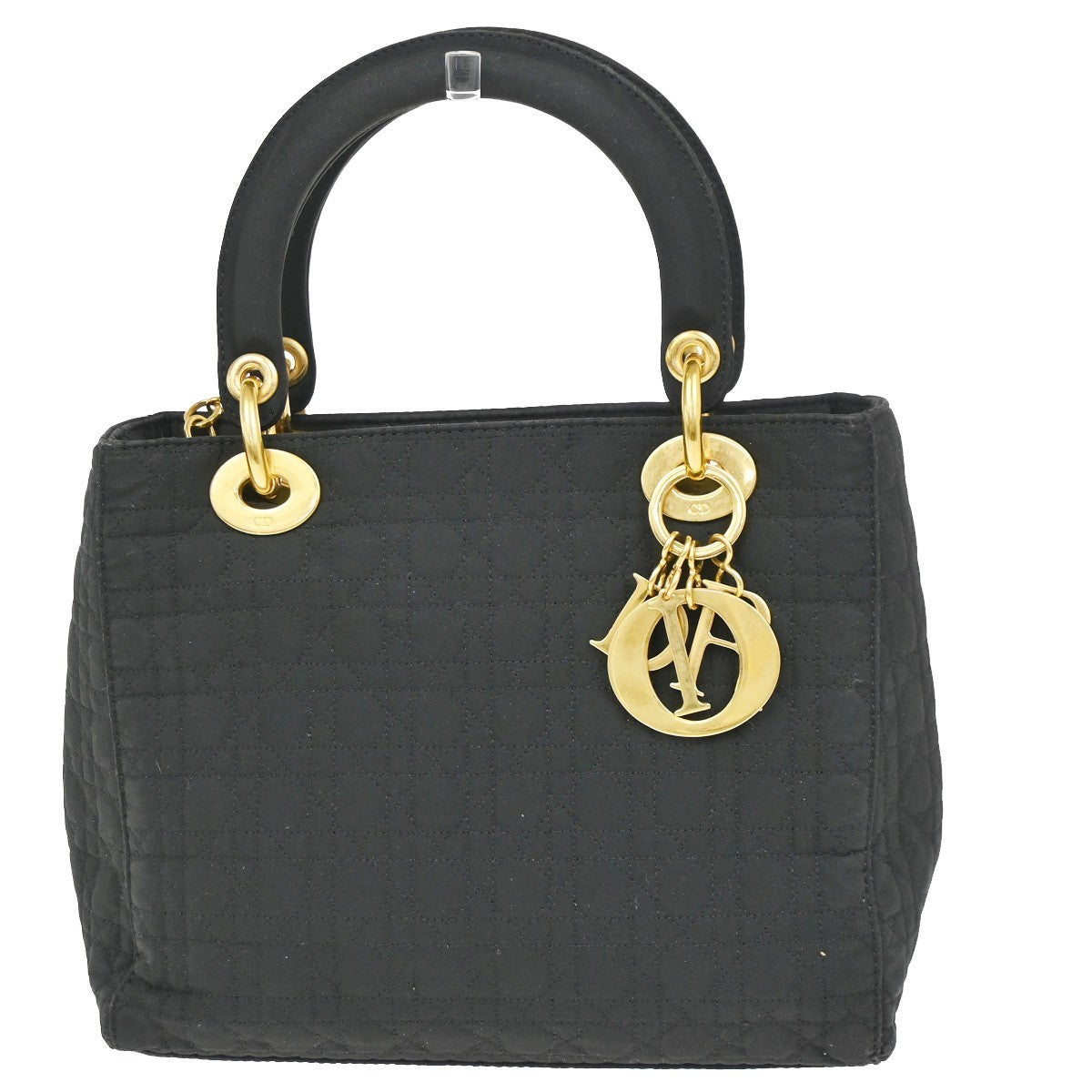 CHRISTIAN DIOR Lady Cannage Hand Tote Bag Nylon Black Gold Italy 84CA795