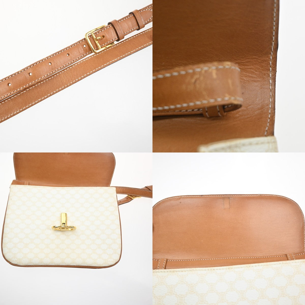 CELINE Macadam Pattern Crossbody Shoulder Bag PVC Leather White Brown  87KC778