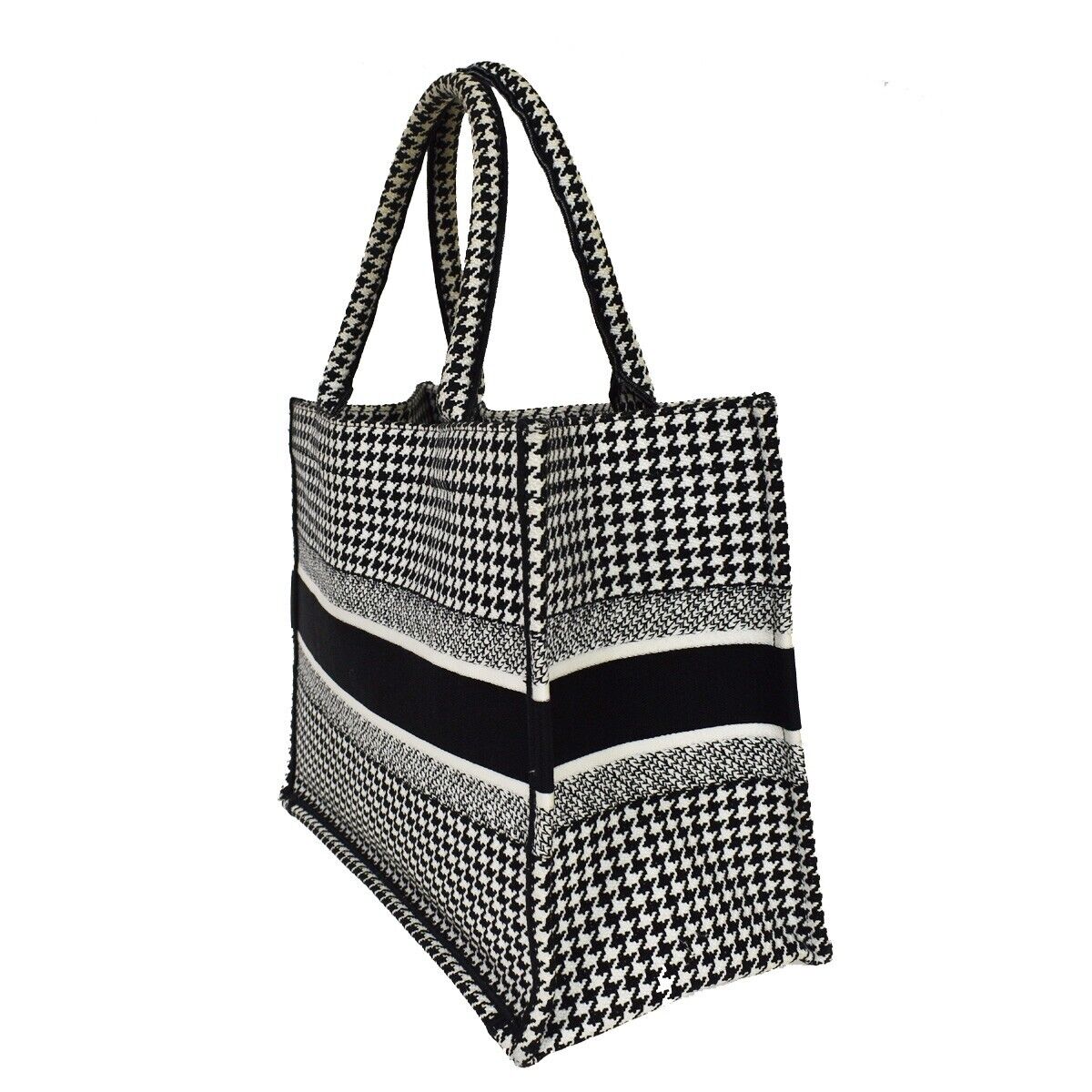 CHRISTIAN DIOR Book Tote Medium Hand Bag Houndstooth Canvas Leather BK 307LC341