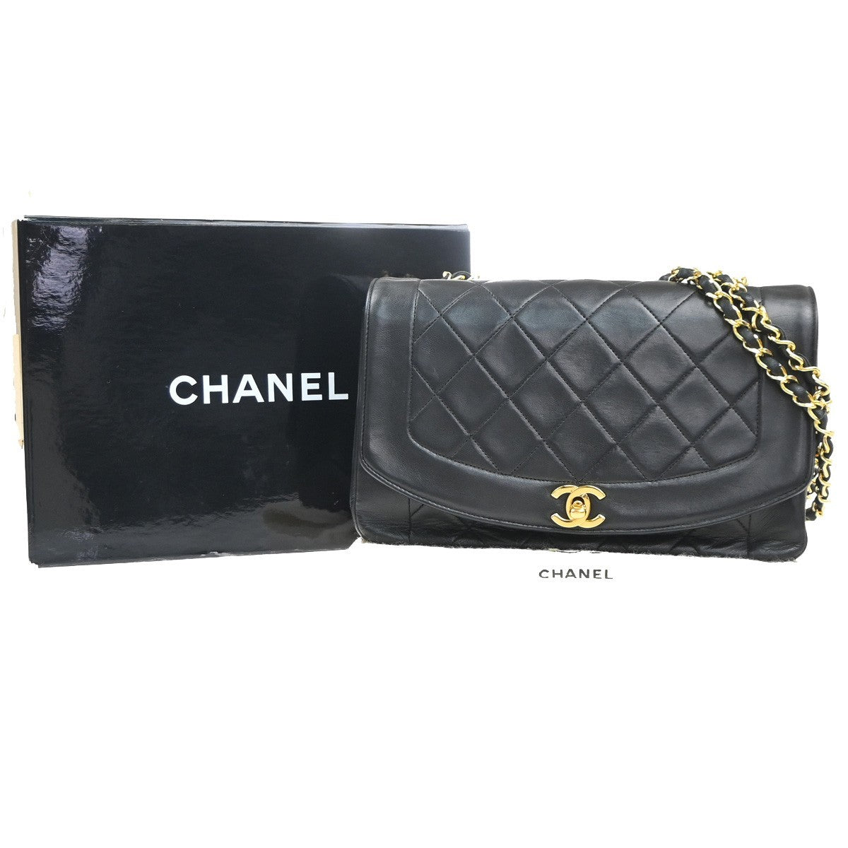 CHANEL CC Diana 25 Matelasse Chain Shoulder Bag Leather Black Vintage 359RL947