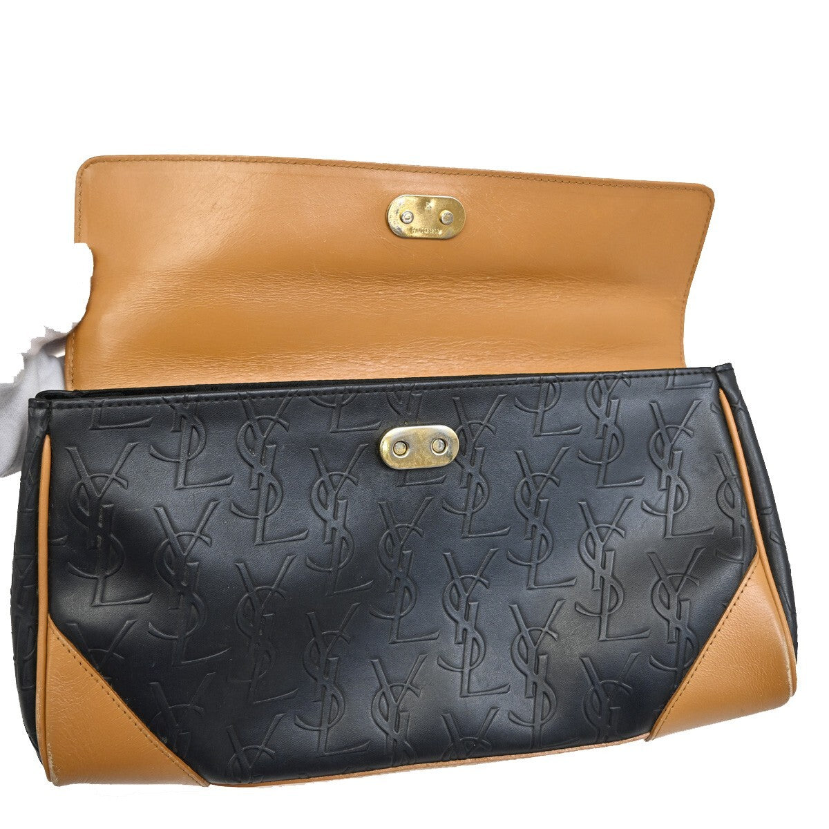 YVES SAINT LAURENT YSL Logo Hand Bag PVC Leather Black Brown Gold 03EE380