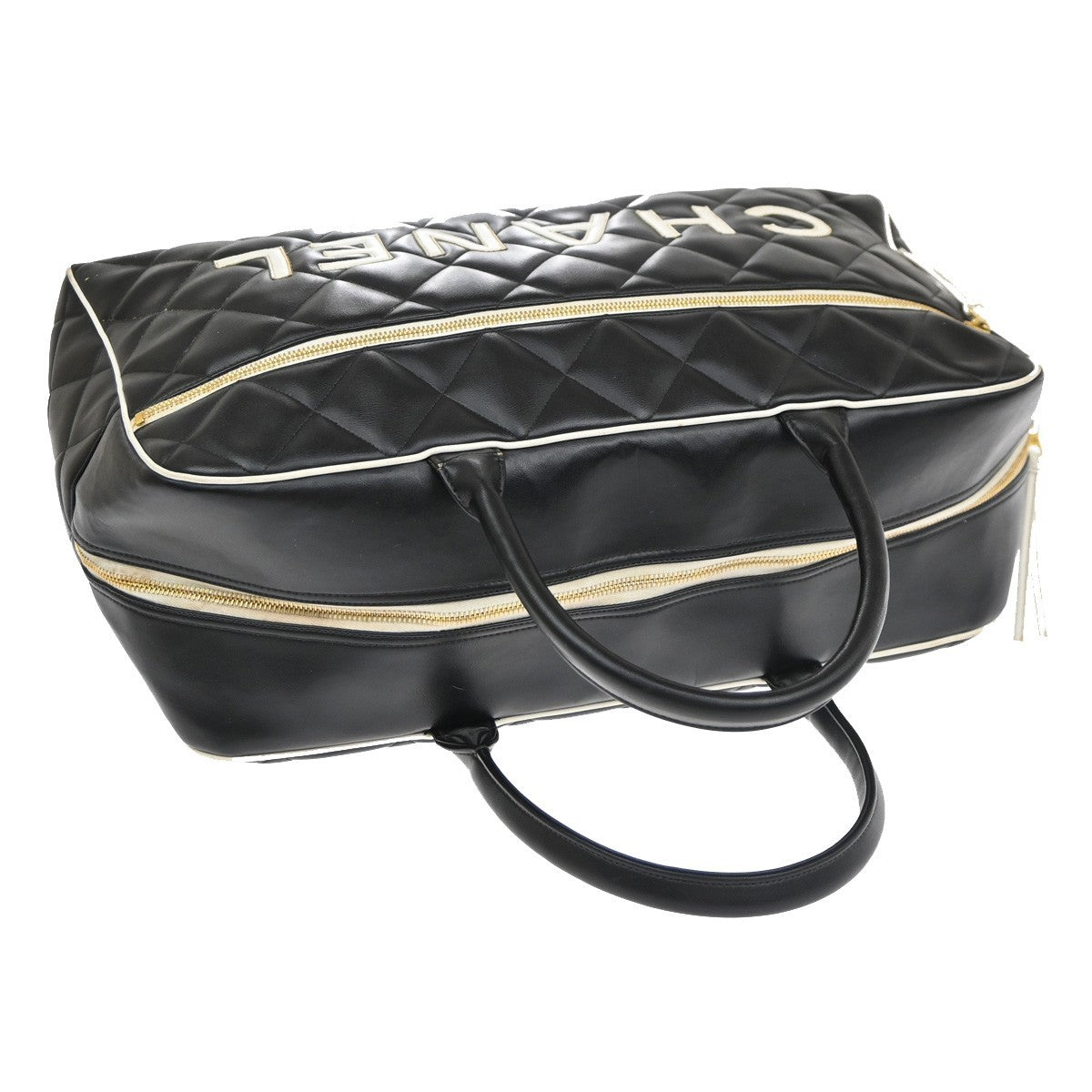 CHANEL Matelasse Travel Boston Hand Bag Leather Black France Vintage 332RP182