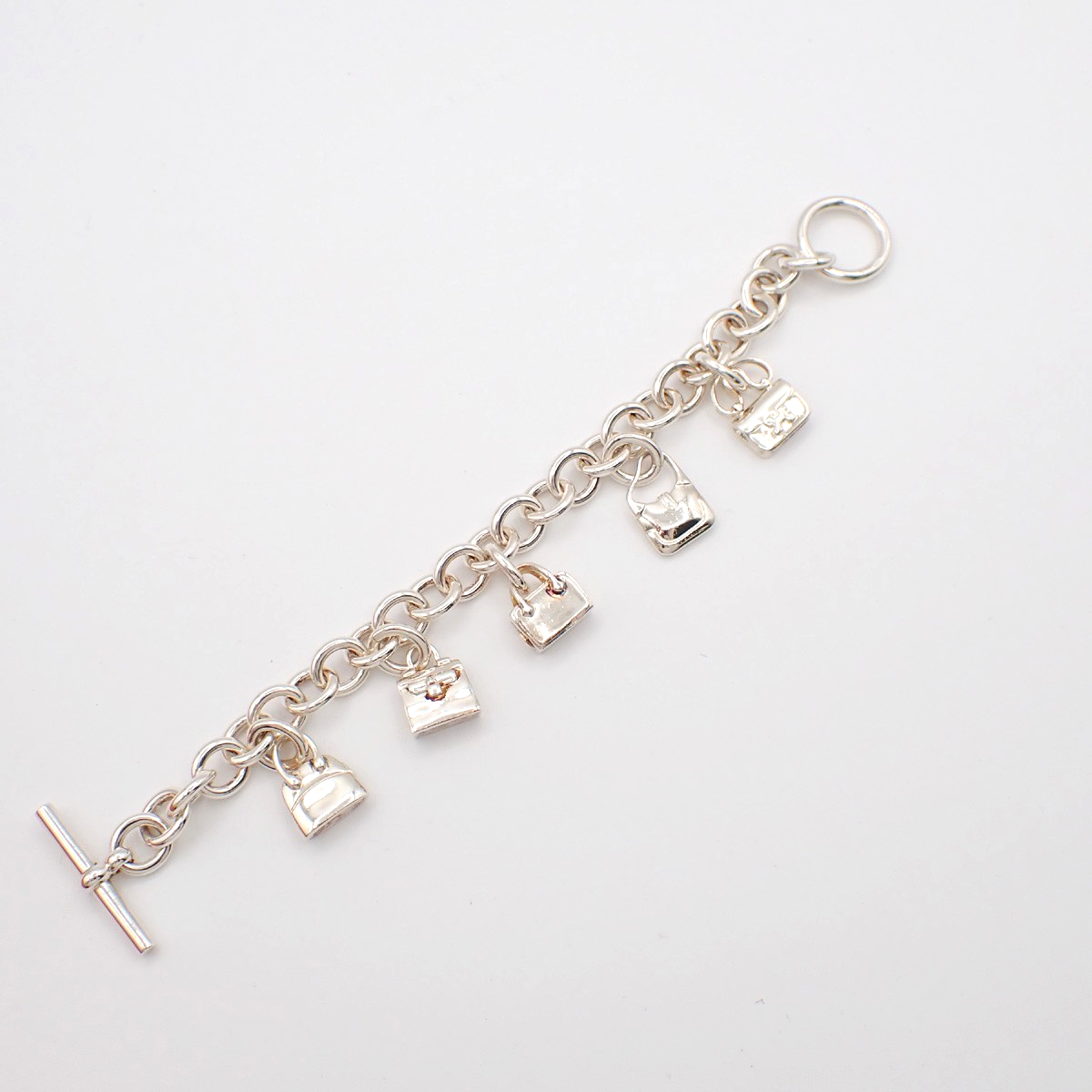 HERMES Logo Amulet 5 Charm Chain Bracelet Bangle Silver 925 France 649LC634