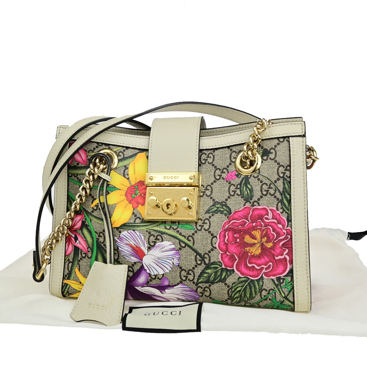 GUCCI Padlock GG Supreme Flora Shoulder Bag PVC Leather WE BN Italy 29SJ246