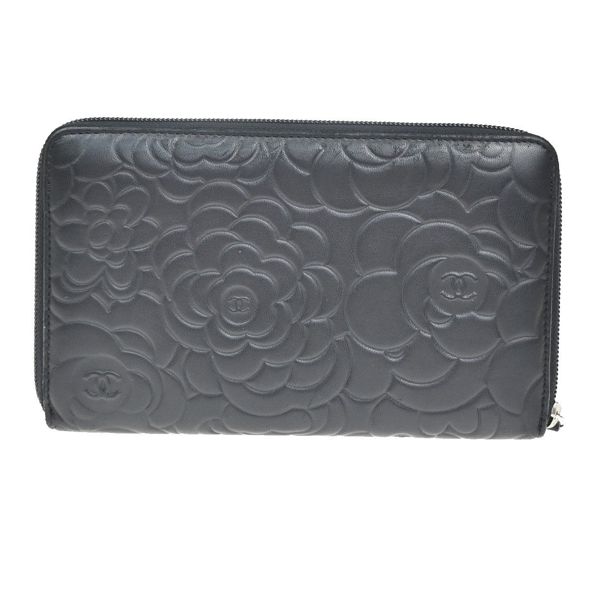 CHANEL CC Logo Camellia Long Zip Around Wallet Purse Leather Black SHW 85RQ019