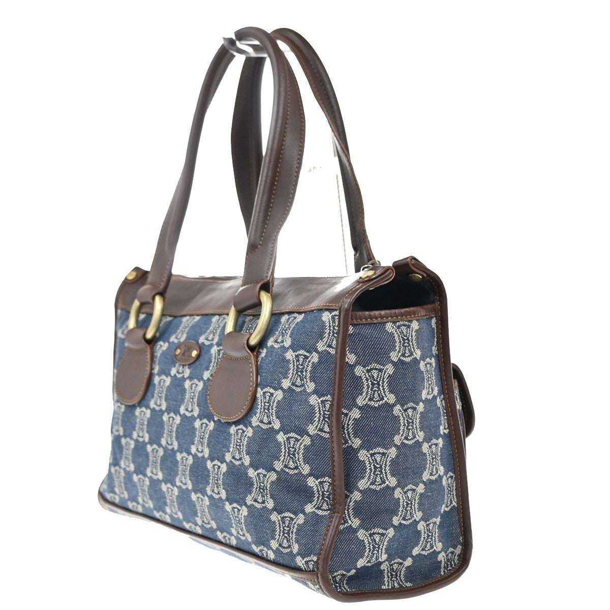 CELINE Logo Macadam Pattern Shoulder Bag Denim Leather Blue Brown GHW 83KP551