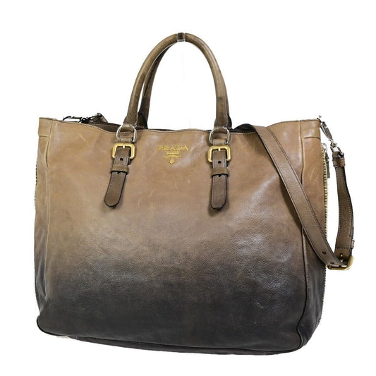PRADA MILANO Fumo Glace Logo 2Way Shoulder Tote Bag Leather Brown Italy 38FA994
