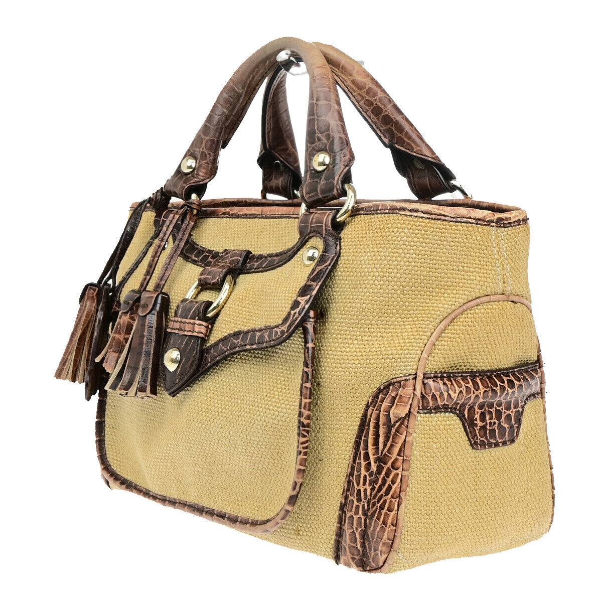 CELINE Logo Boogie Hand Bag Canvas Embossing Leather Charm Brown GHW 60YF122