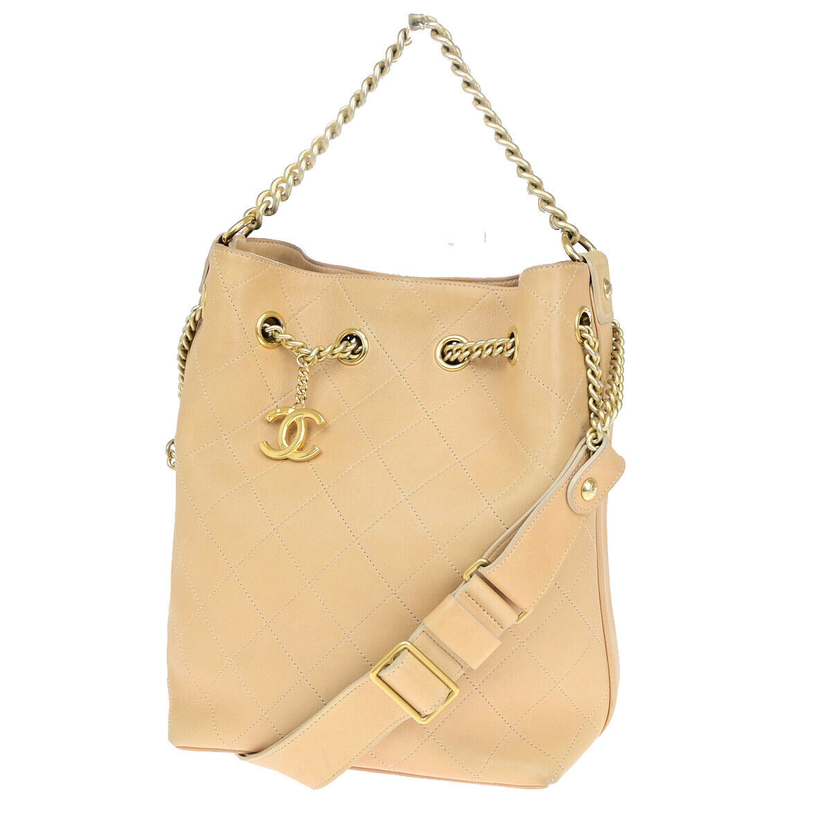 CHANEL CC Logo Matelasse 2Way Chain Shoulder Hand Bag Leather Beige GHW 386RJ961