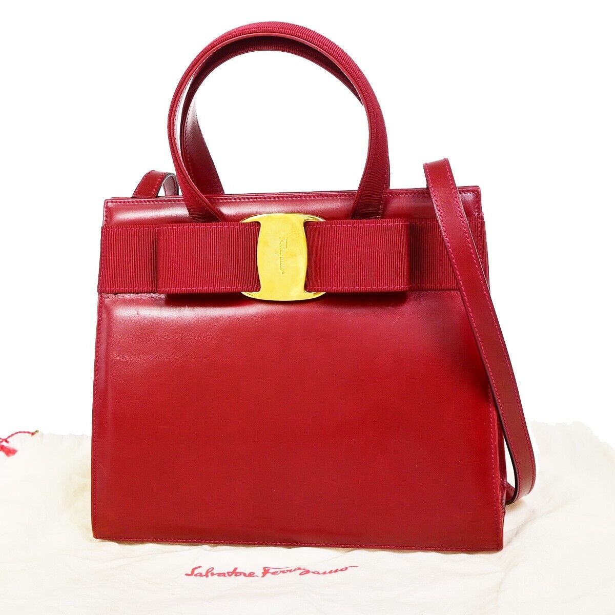 SALVATORE FERRAGAMO Logo Vara 2Way Shoulder Hand Bag Canvas Leather Red 30FA618