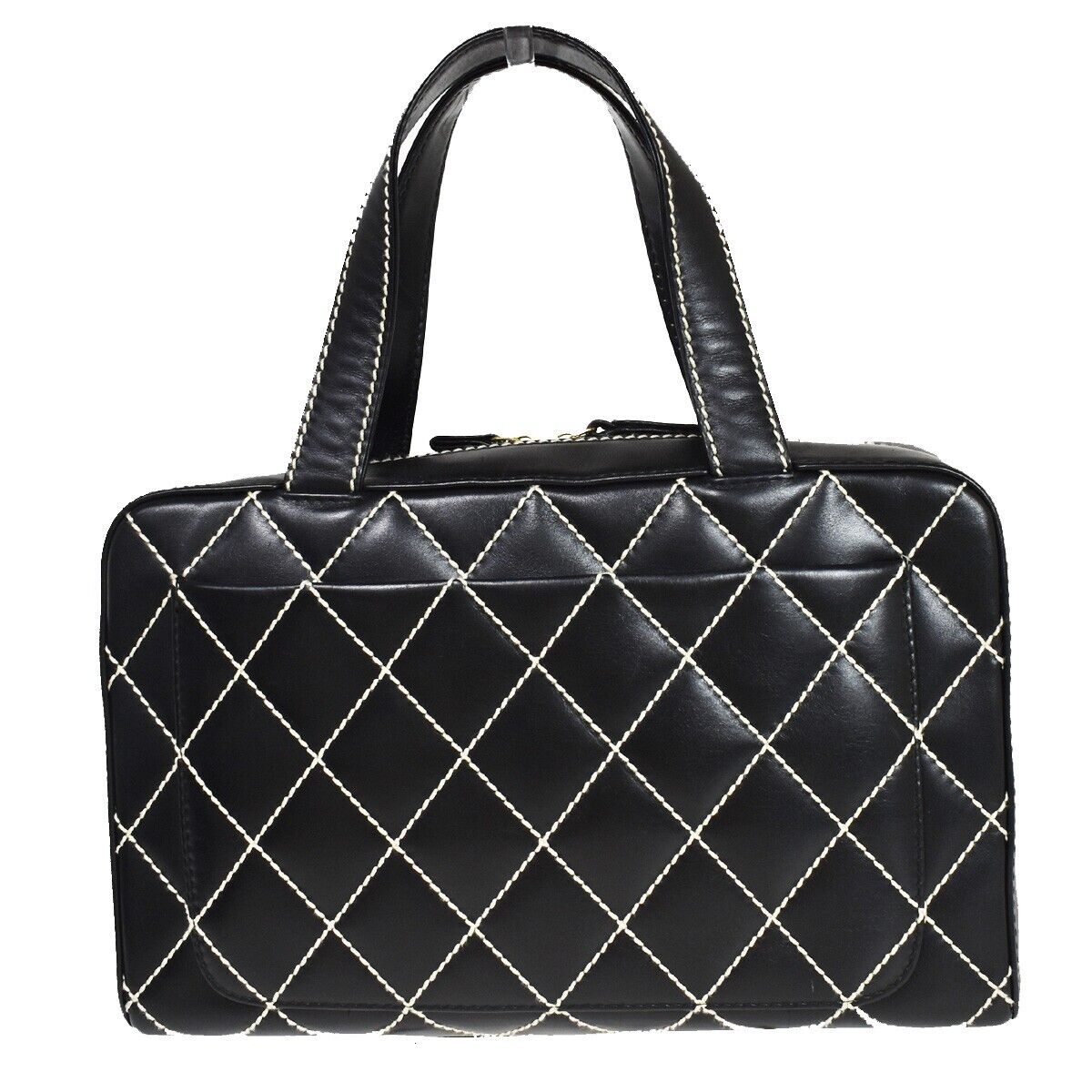 CHANEL CC Logo Wild Stitch Hand Tote Bag Leather Black GHW Italy 673RC754