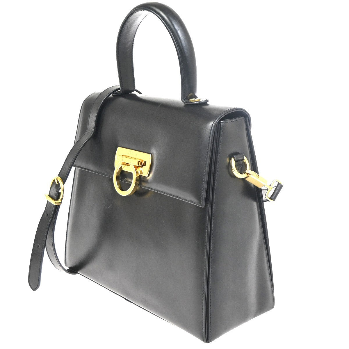 SALVATORE FERRAGAMO Gancini 2Way Shoulder Hand Bag Leather Black GHW 85RL932