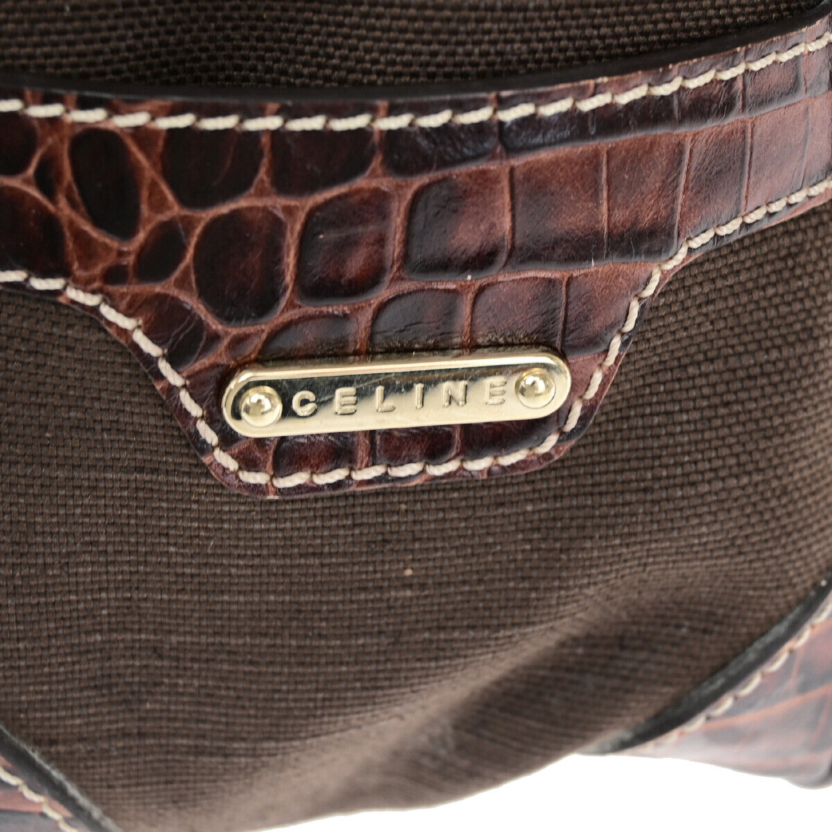 CELINE Boogie Macadam Charm Hand Tote Bag Canvas Embossing Leather Brown 69YF305
