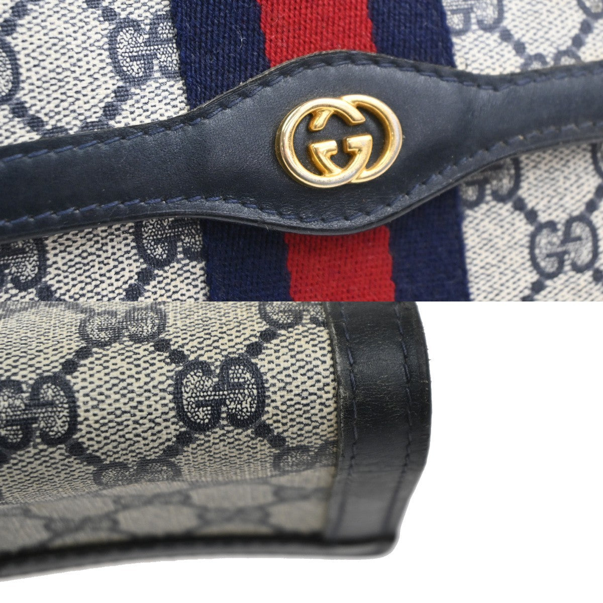 GUCCI Logo GG Sherry Line Clutch Hand Bag PVC Leather Navy Beige Italy 09MA469