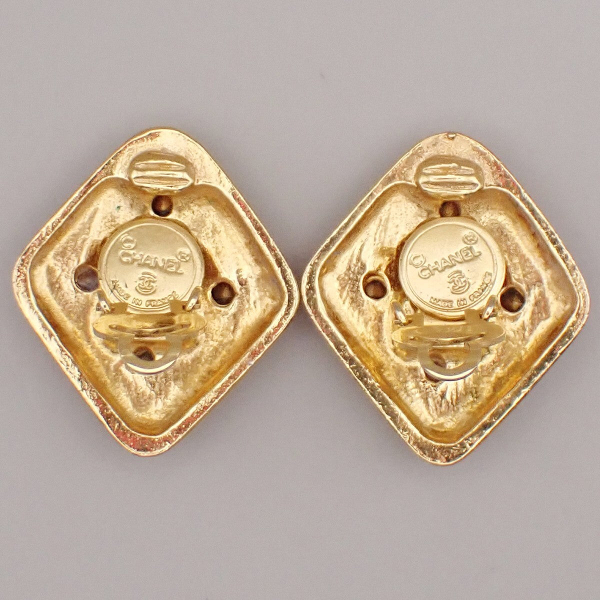 CHANEL Logo Rhinestone Diamond Shape Button Earrings Clip-On GHW 31RL075