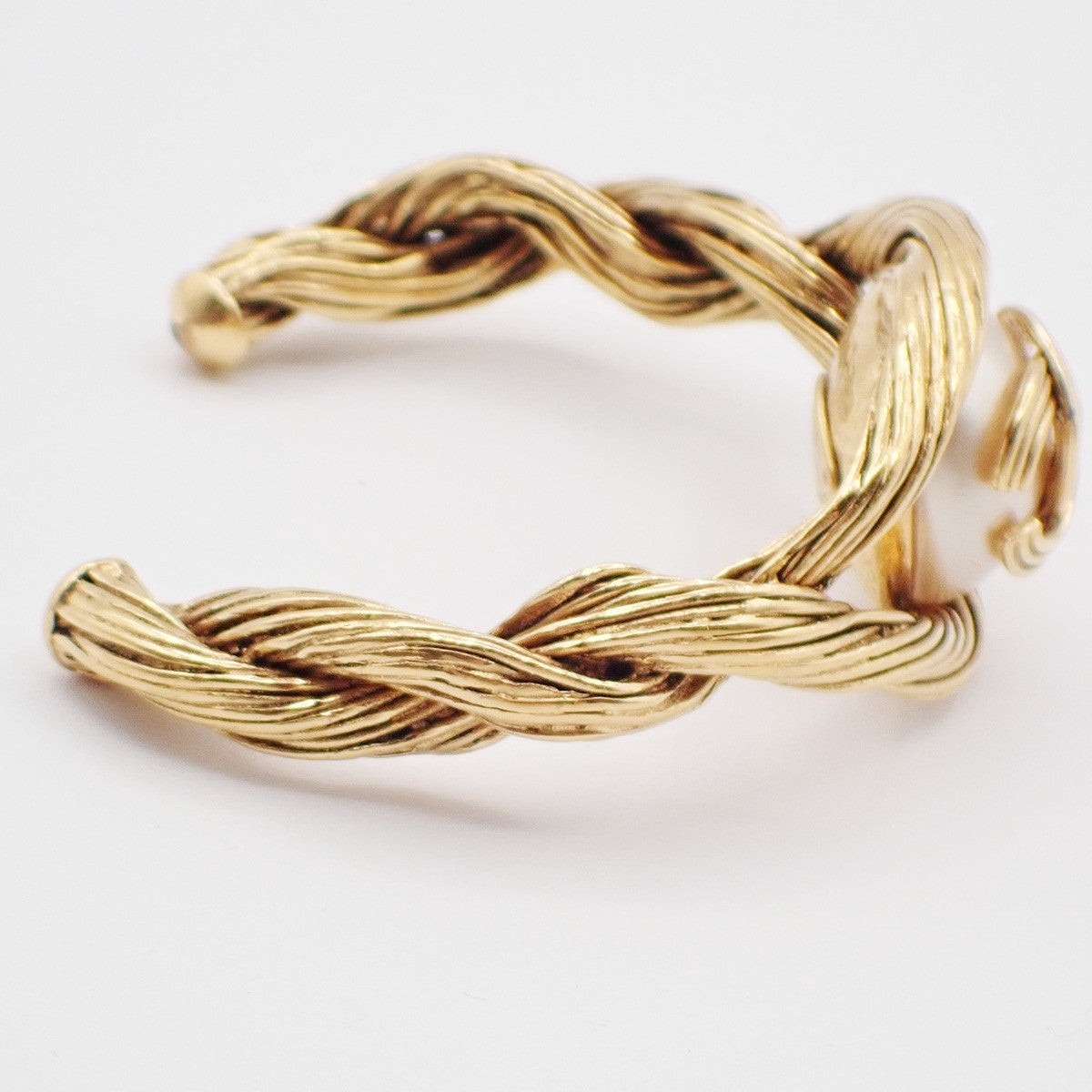 CHANEL CC Logo Imitation Pearl Bangle Bracelet Gold White 94A GHW France 38RL858