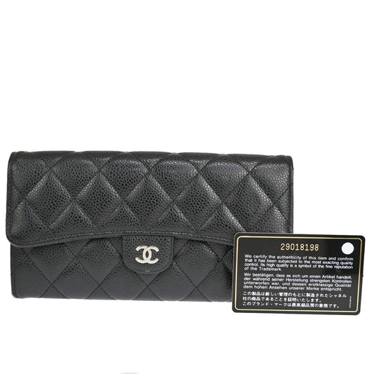 "CHANEL CC Matelasse Long Bifold Wallet Purse Caviar Leather Black SHW 41RJ205