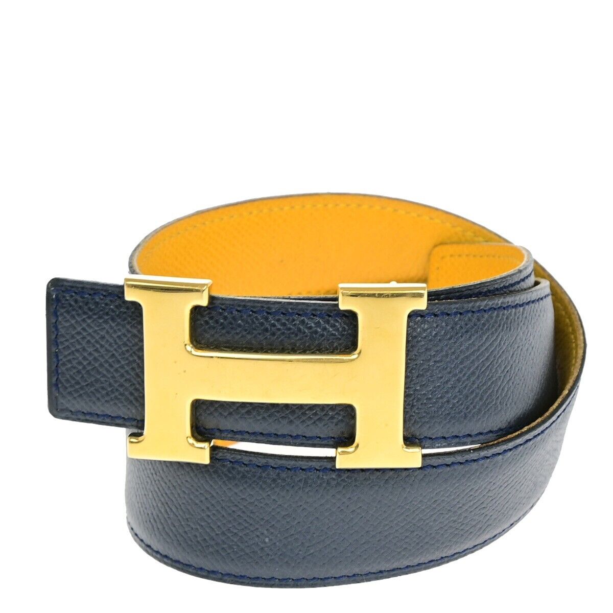 HERMES H Logo Constance Reversible Buckle Belt #70 Leather Navy Blue YW 01HB974