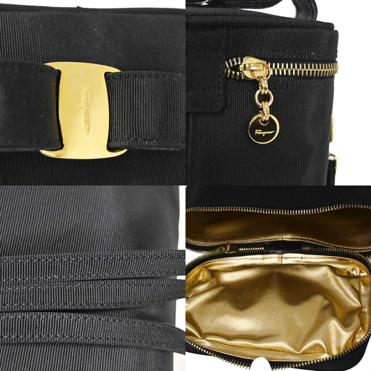 SALVATORE FERRAGAMO Vara Vanity Shoulder Bag Canvas Leather Black Gold 64SH581