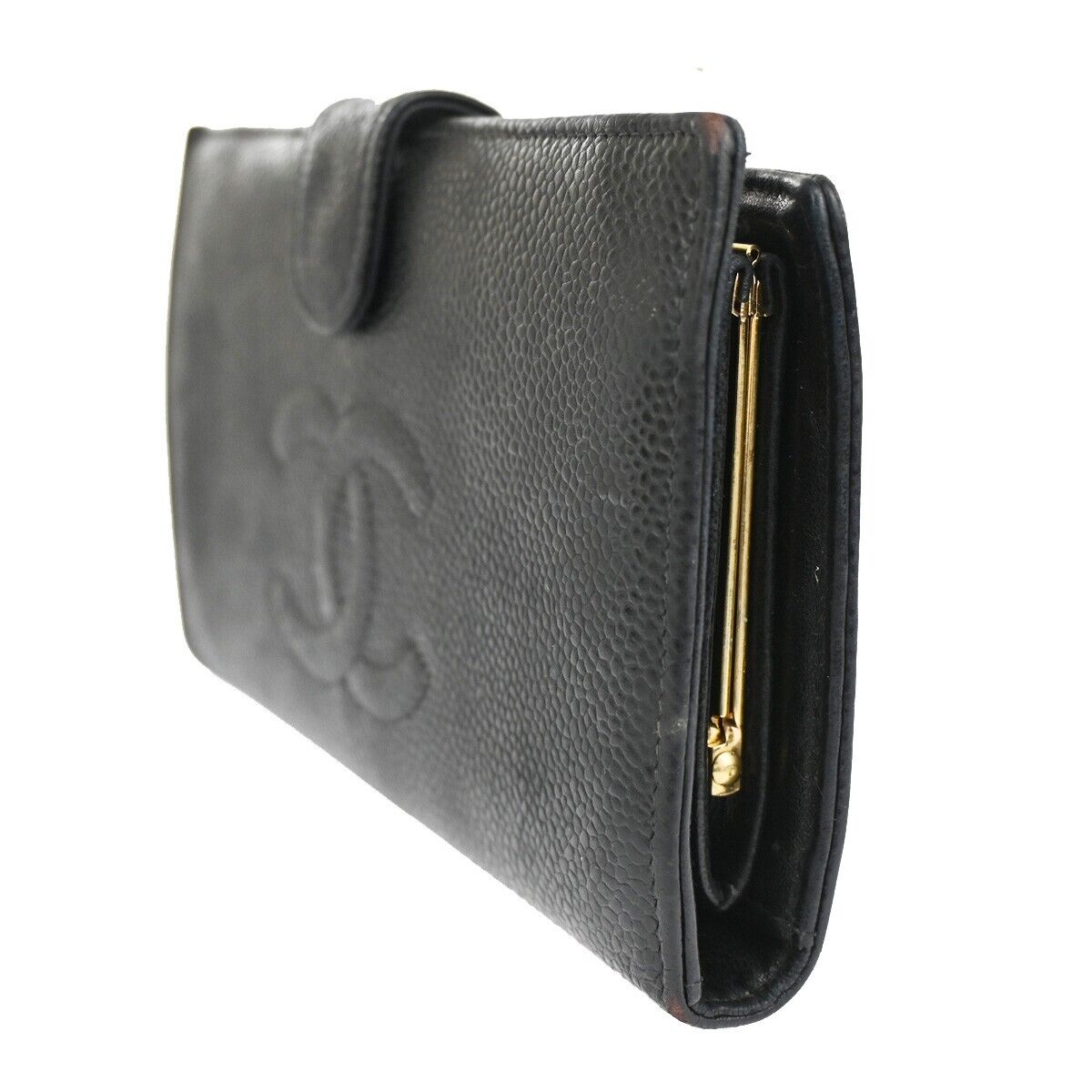 CHANEL CC Logo Long Bifold Wallet Purse Caviar Skin Leather Brown Spain 30YD900