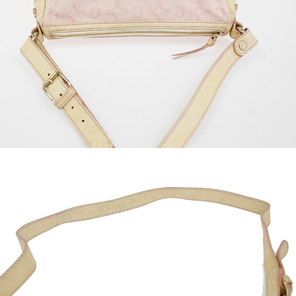 CELINE Logo C Macadam Shoulder Bag Canvas Leather Beige Pink GHW 63ZA180