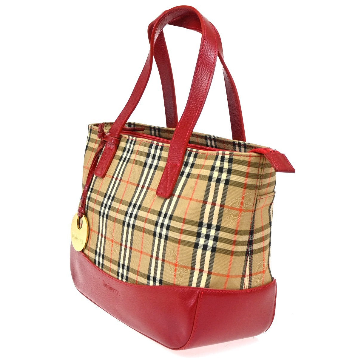 Burberrys Logo Nova Check Tote Handbag Canvas Leather Red Brown GHW  62DA319