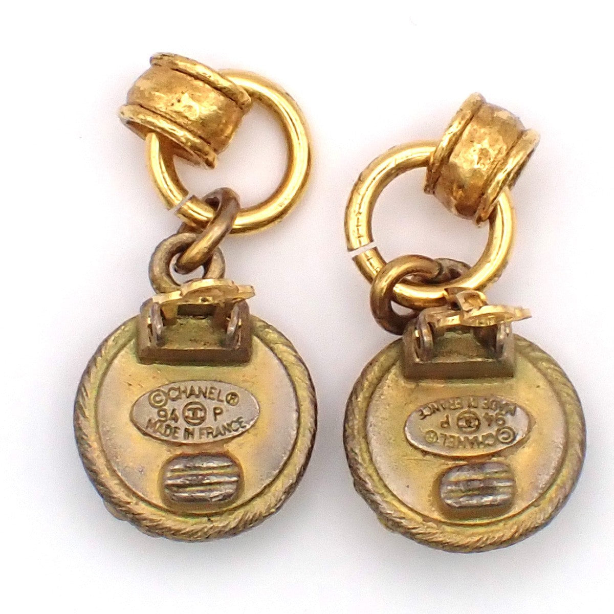 CHANEL CC Logo Clover Earrings Clip-On 94 P Gold Black Vintage France 64KP352