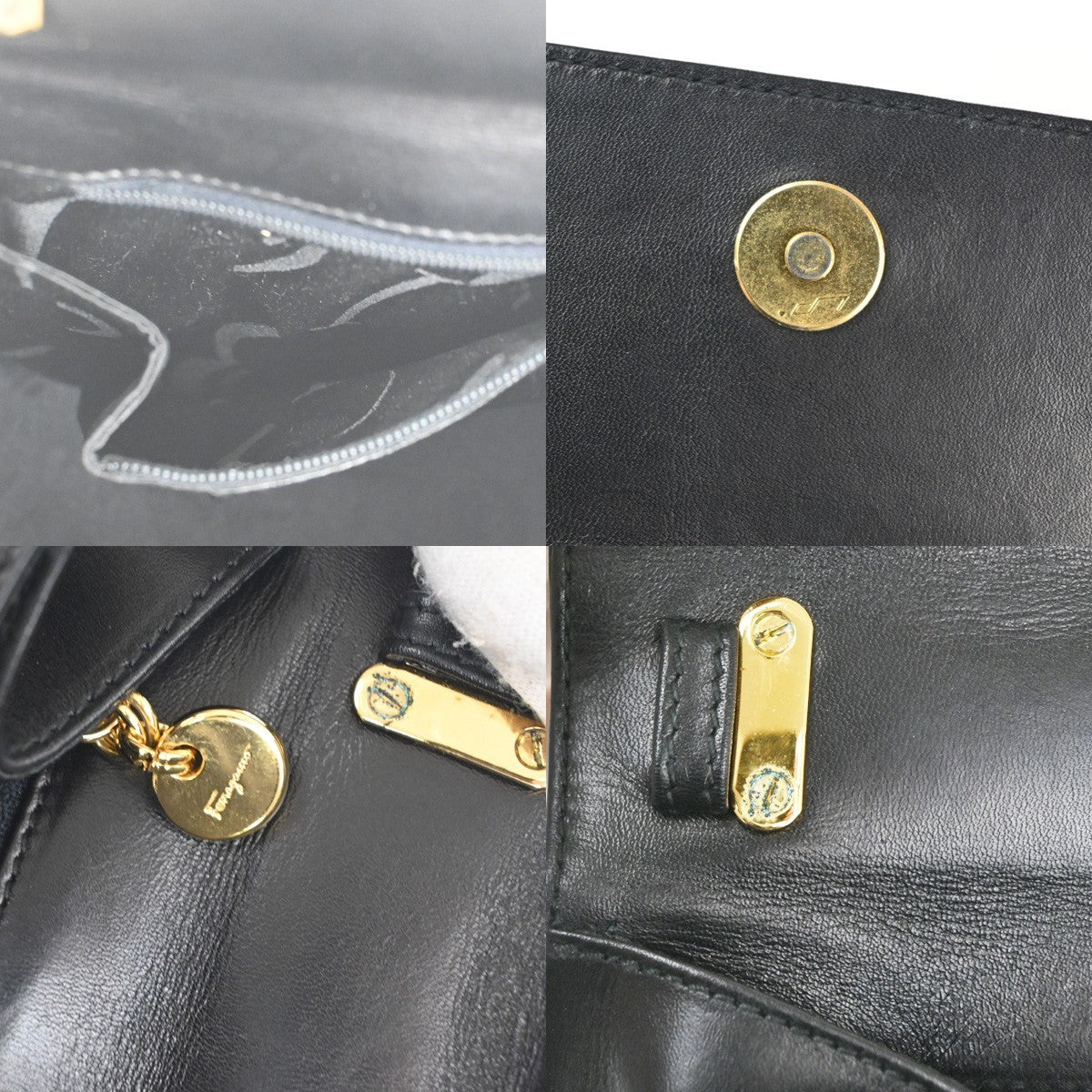 SALVATORE FERRAGAMO Gancini Hand Bag Leather Gold Black Italy 80TA466