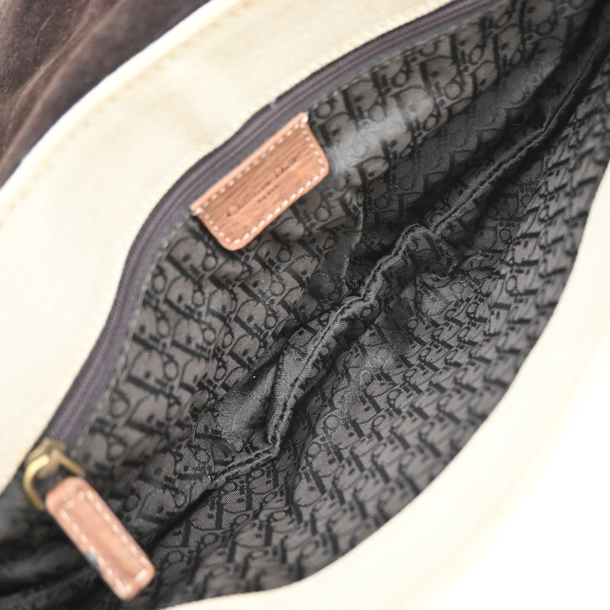 CHRISTIAN DIOR CD Logo Saddle Shoulder Bag Canvas Leather Beige GHW 50CA986