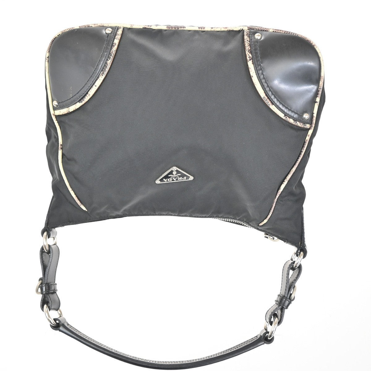 PRADA LOGO Tessuto Shoulder Bag Nylon Embossing Leather Black White SHW 34KC287