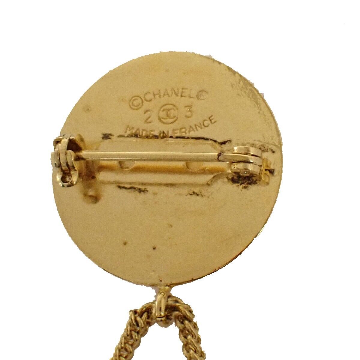CHANEL CC Logo Matelasse Round Pin Brooch 95P GHW Accessory Vintage 70SH107