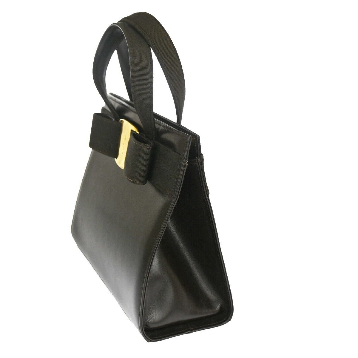 SALVATORE FERRAGAMO Logo Vara Hand Bag Canvas Leather Brown Gold Italy 62YD714