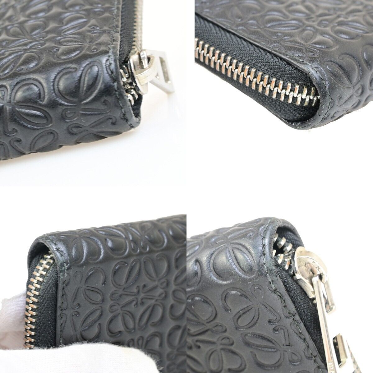 LOEWE Logo Anagram Long Zipper Wallet Embossed Leather Black Spain 69FB177