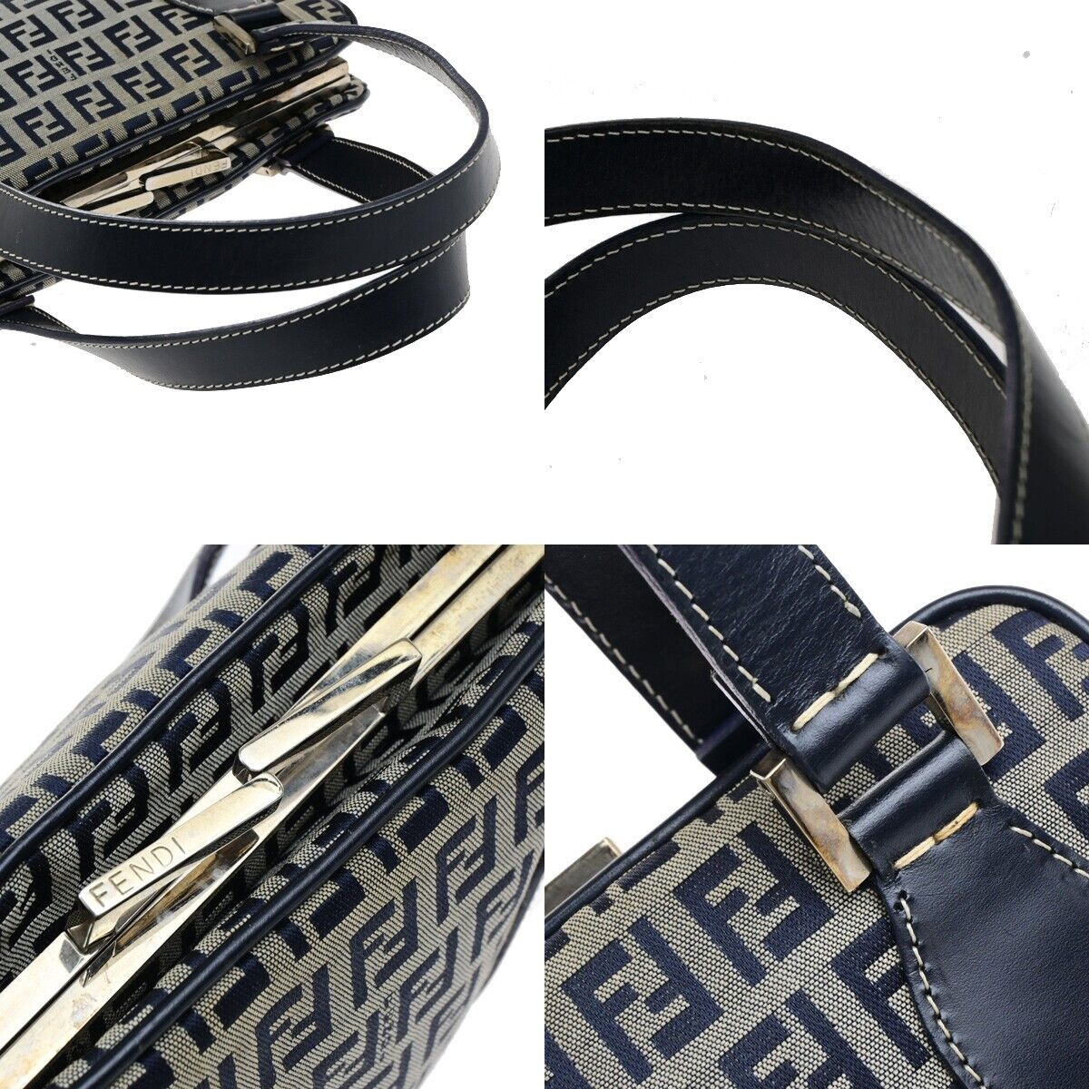 FENDI Logo Zucchino Pattern Hand Bag Nylon Leather Navy Blue Silver 31KA551