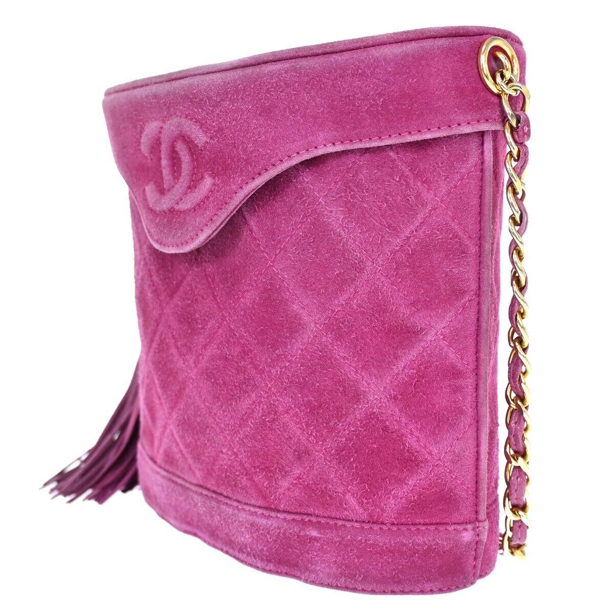 CHANEL CC Logo Fringe Shoulder Vanity Bag Suede Leather Purple Vintage 638HB349