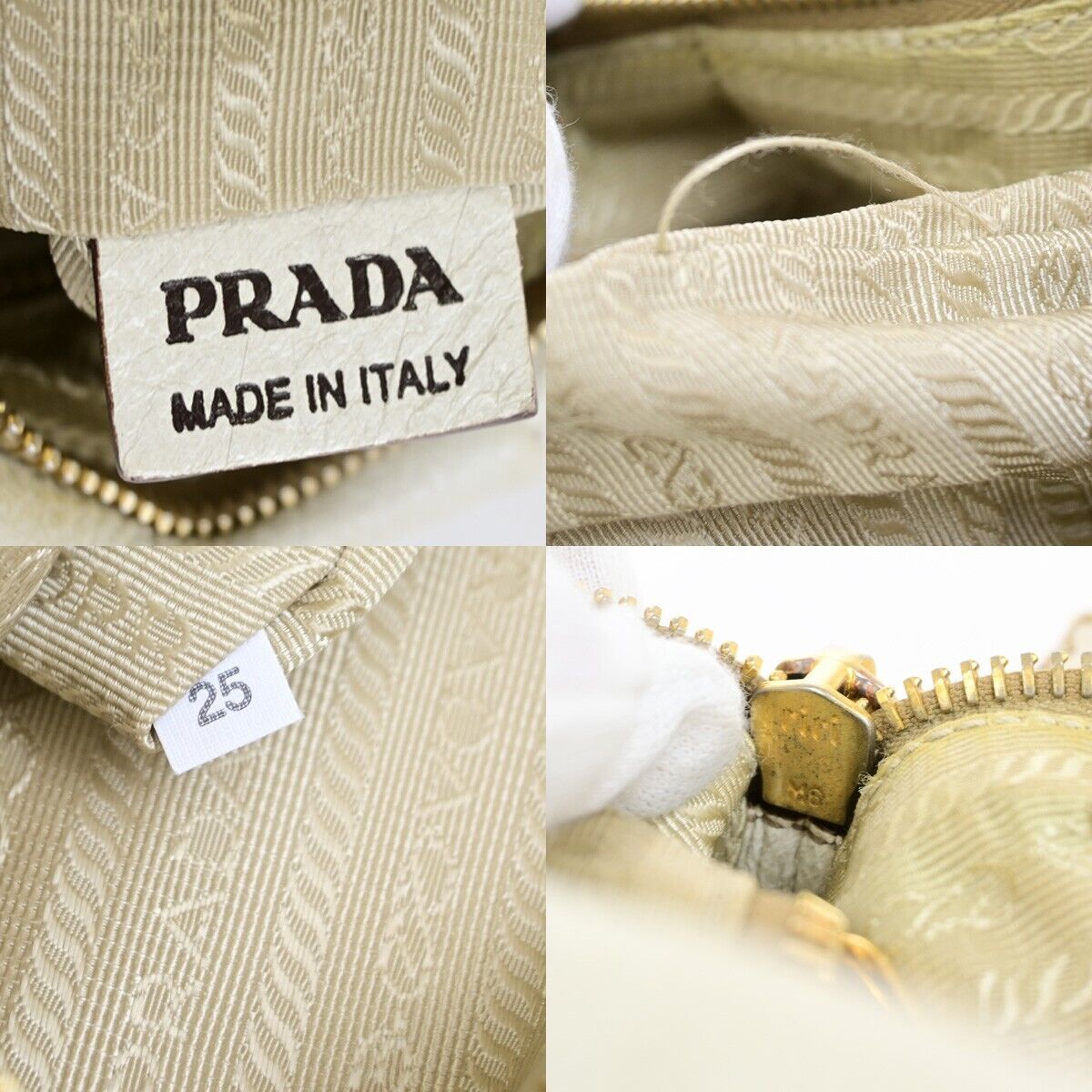 PRADA Logo Cervo Lux Chain Shoulder Hobo Bag Leather White GHW 84FB371