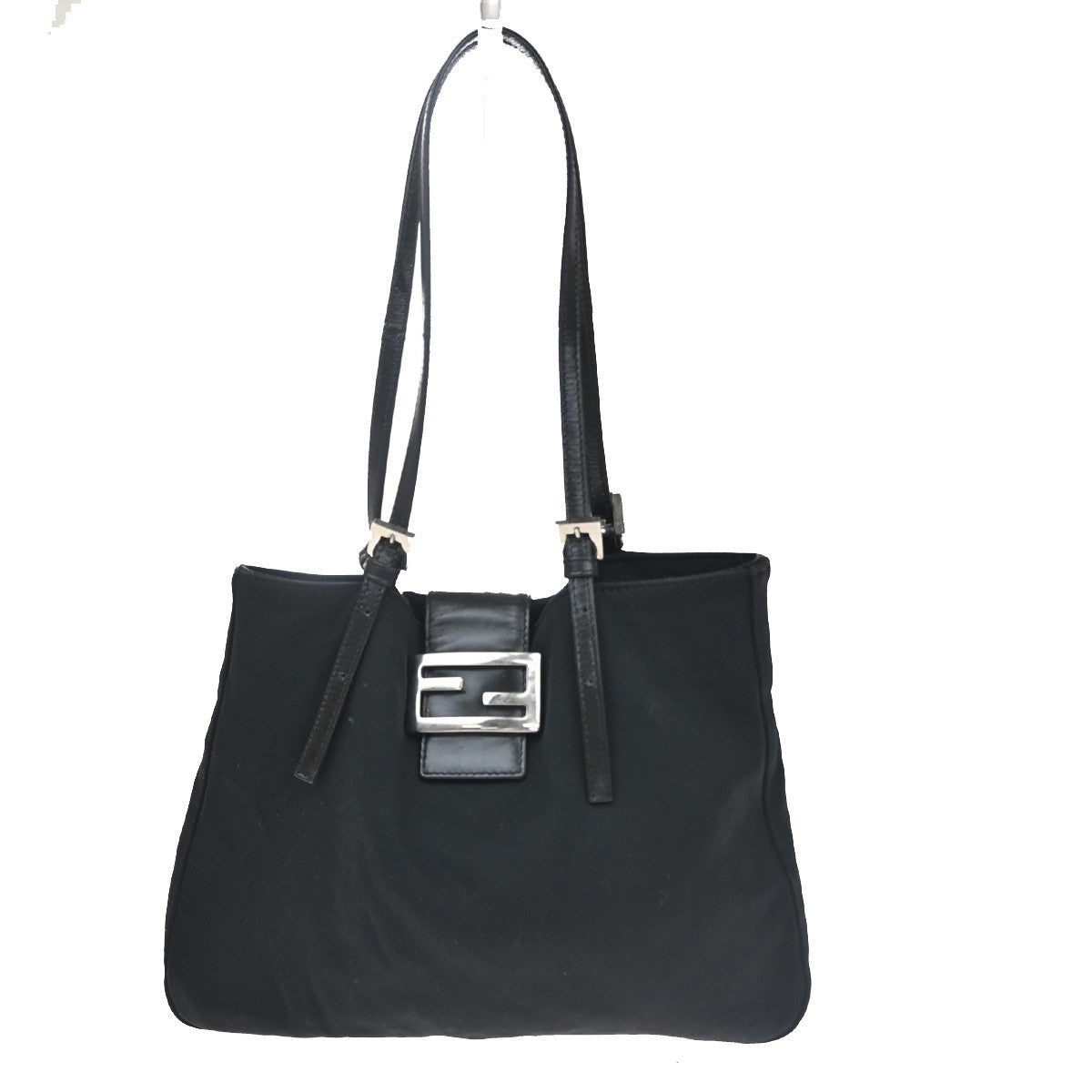 FENDI Logo Mamma Baguette Hand bag Nylon Leather Black SHW Italy 35KD062