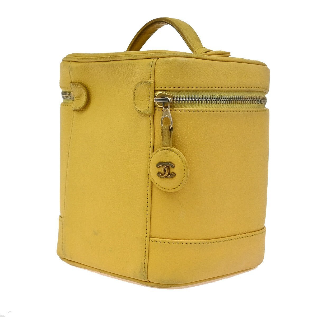 CHANEL Vanity Cosmetic Hand Bag Grained Calfskin Leather Yellow Vintage 93RF437