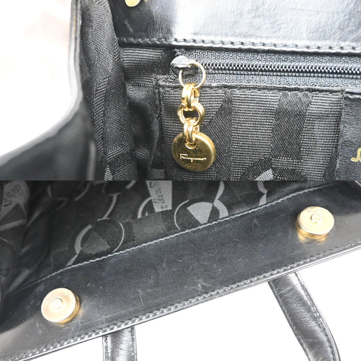 SALVATORE FERRAGAMO Logo Vara Hand Bag Leather Canvas Black GHW Italy 64KB165