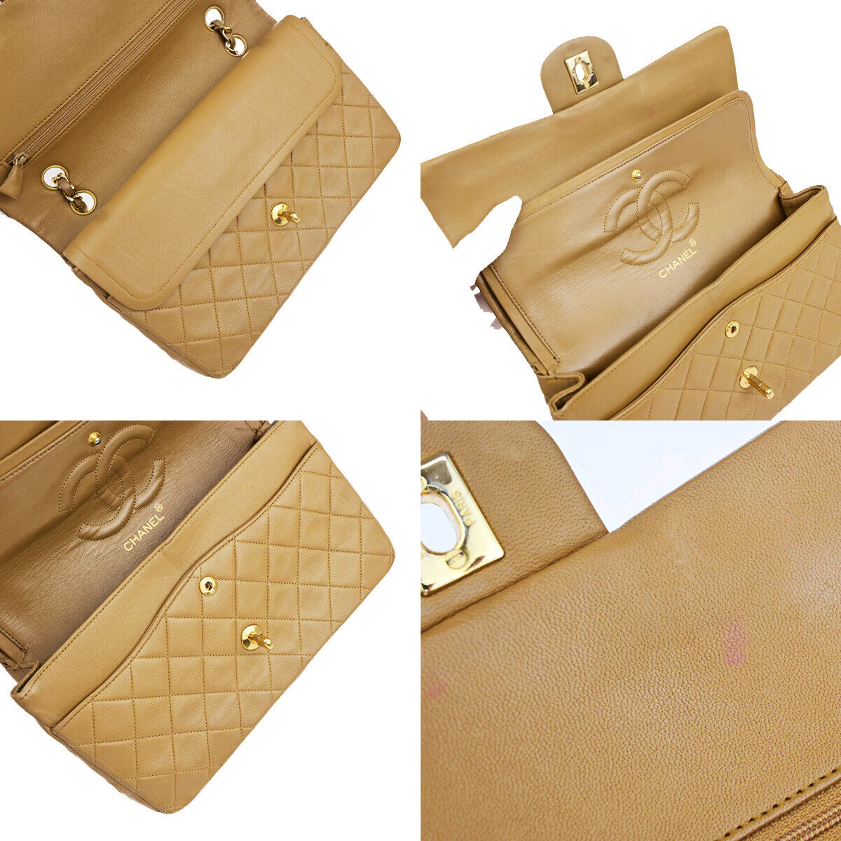 CHANEL CC Matelasse 25 Double Flap Chain Shoulder Bag Leather Beige GHW 332RK663