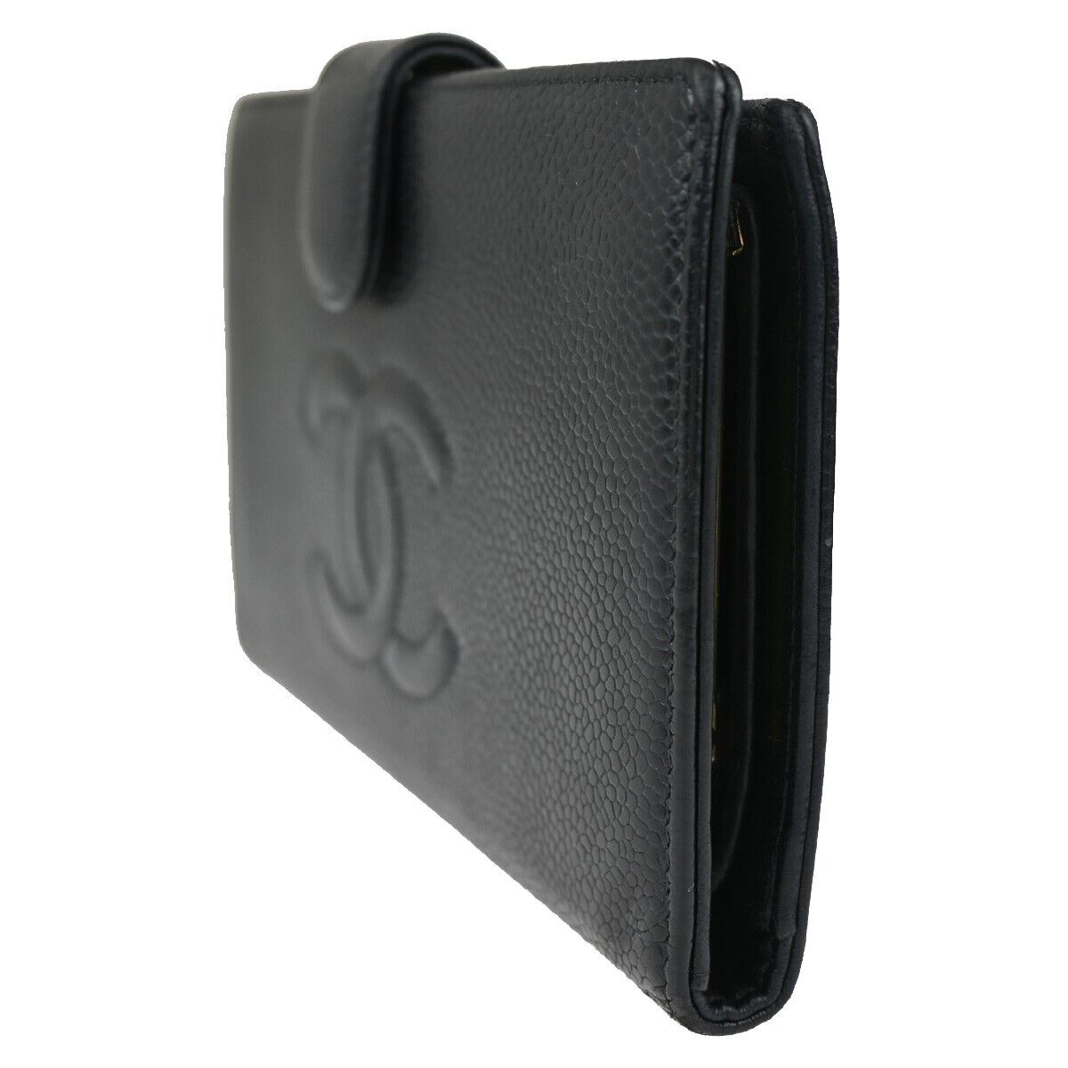 CHANEL CC Logo Long Bifold Wallet Purse Caviar Skin Leather Black France 81RJ714