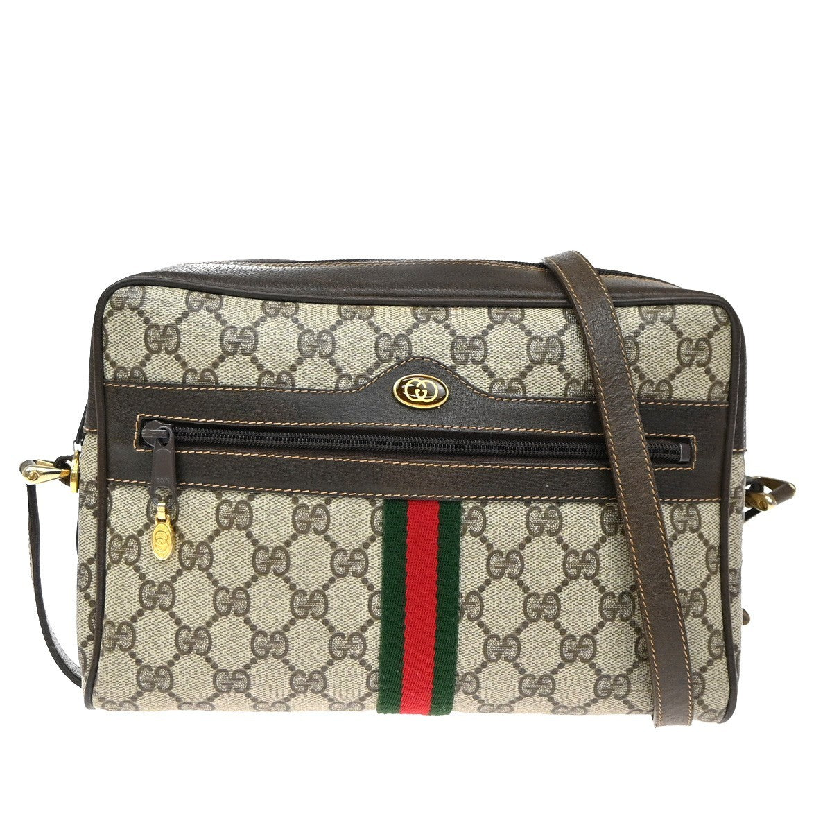 GUCCI Logo Web Sherry GG Pattern Shoulder Bag PVC Leather Brown Italy 64YJ169