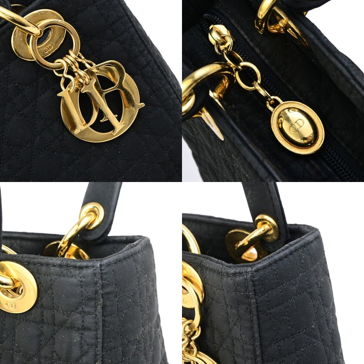 CHRISTIAN DIOR Logo Lady Cannage Hand Bag Canvas Leather Black GHW Italy 73ED175