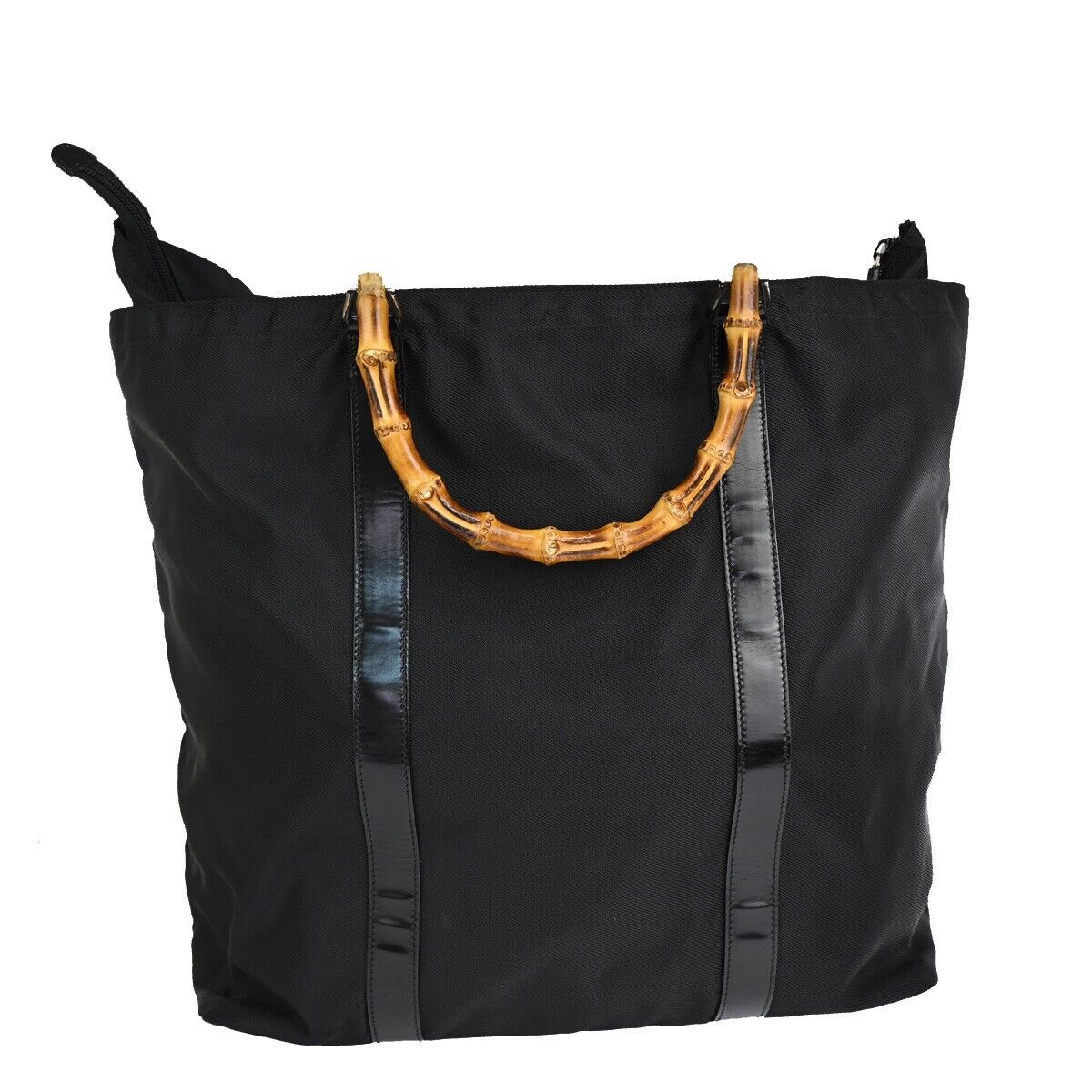 GUCCI Logo Bamboo Tote Hand Bag Nylon Leather Black Silver Italy 09YE231