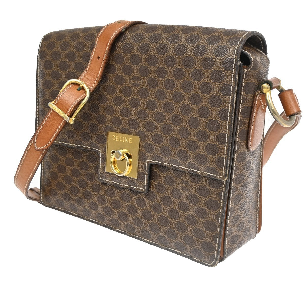 CELINE Logo Macadam Pattern Shoulder Bag PVC Leather Brown GHW Italy 32KC723