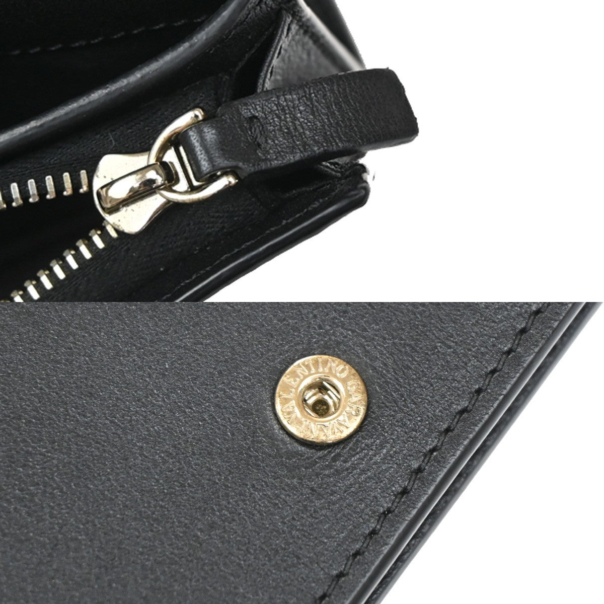 VALENTINO Logo Studs Compact Bifold Wallet Purse Leather Black GHW Italy 69KB160