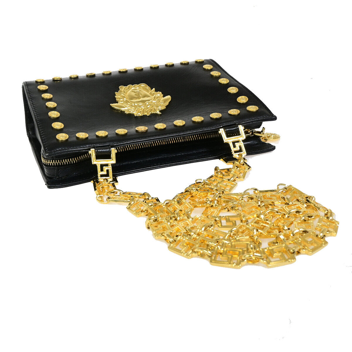 GIANNI VERSACE Logo Medusa Chain Shoulder Bag Leather Black GHW 72YG342