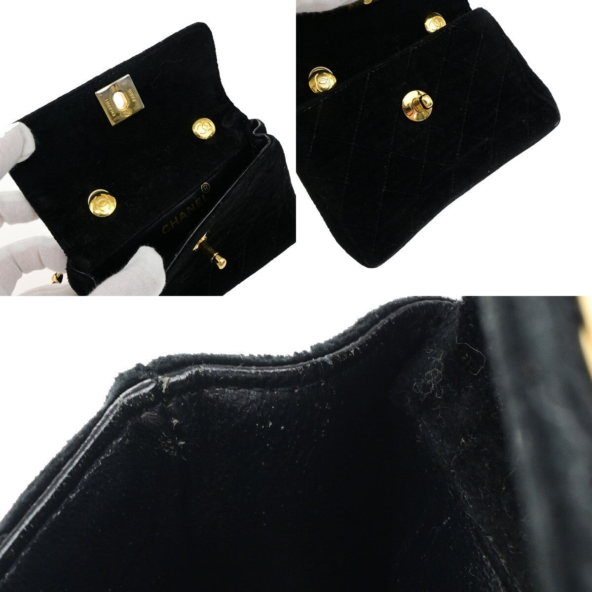 CHANEL Mini Matelasse Shoulder Bag Velvet Leather Black Gold Vintage 684RK894