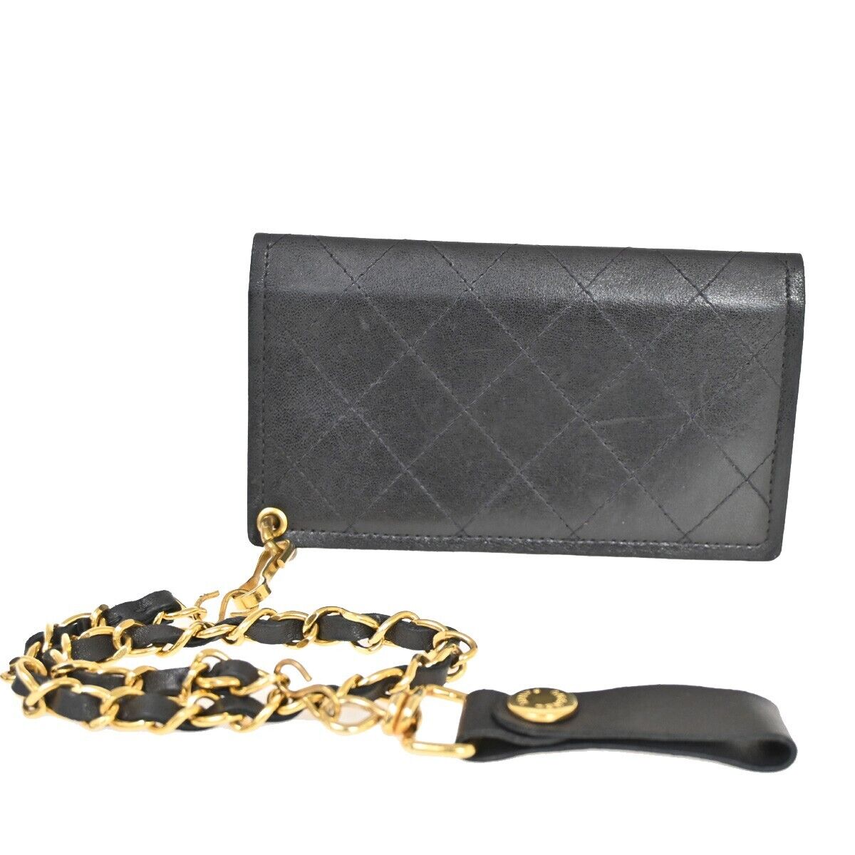 CHANEL CC Logo chain Matelasse Bifold Wallet Purse Leather Black France 79RF104